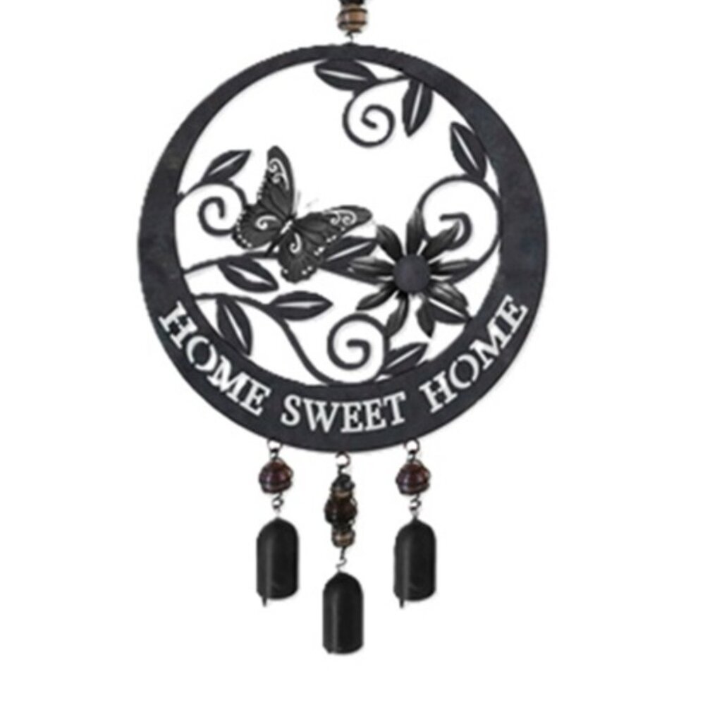 Butterfly Wind Chime Black Sheet Metal 8" wide with Three Camel Bells 79463